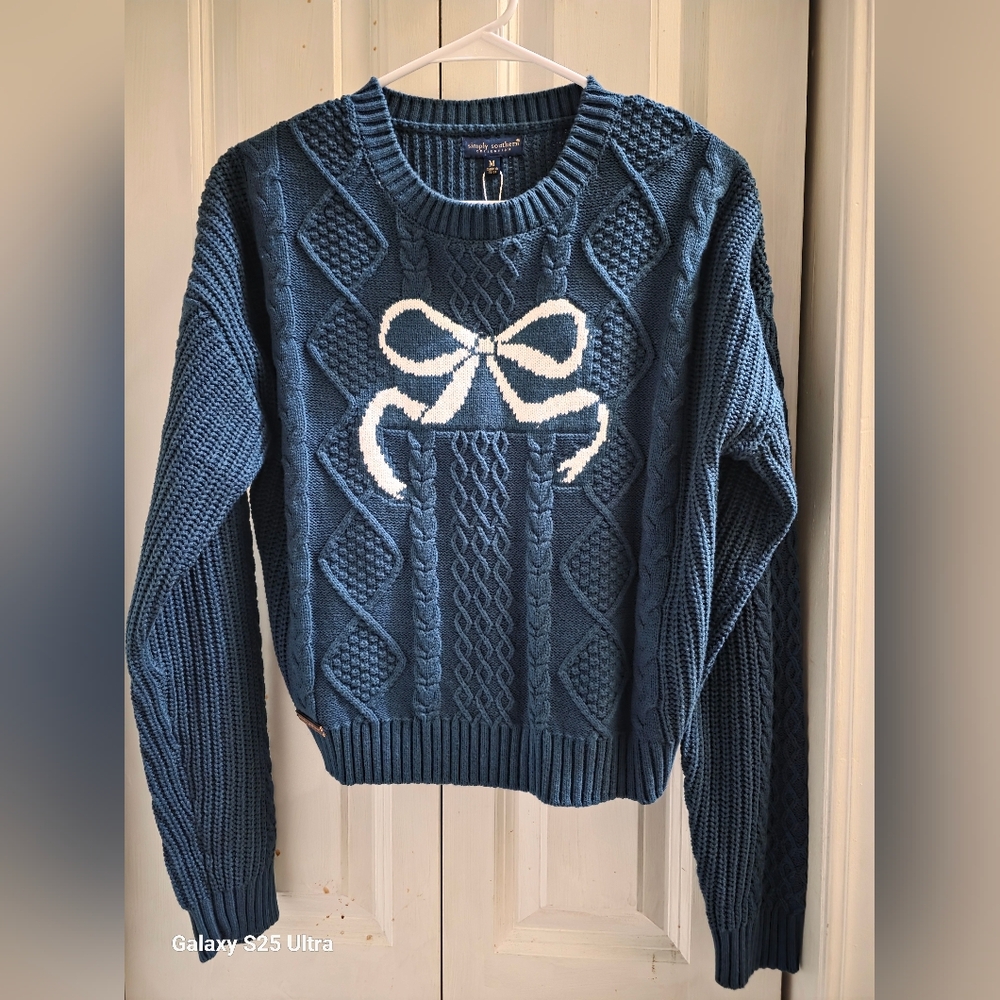 New Simply Southern Teal Sweater with White Bow